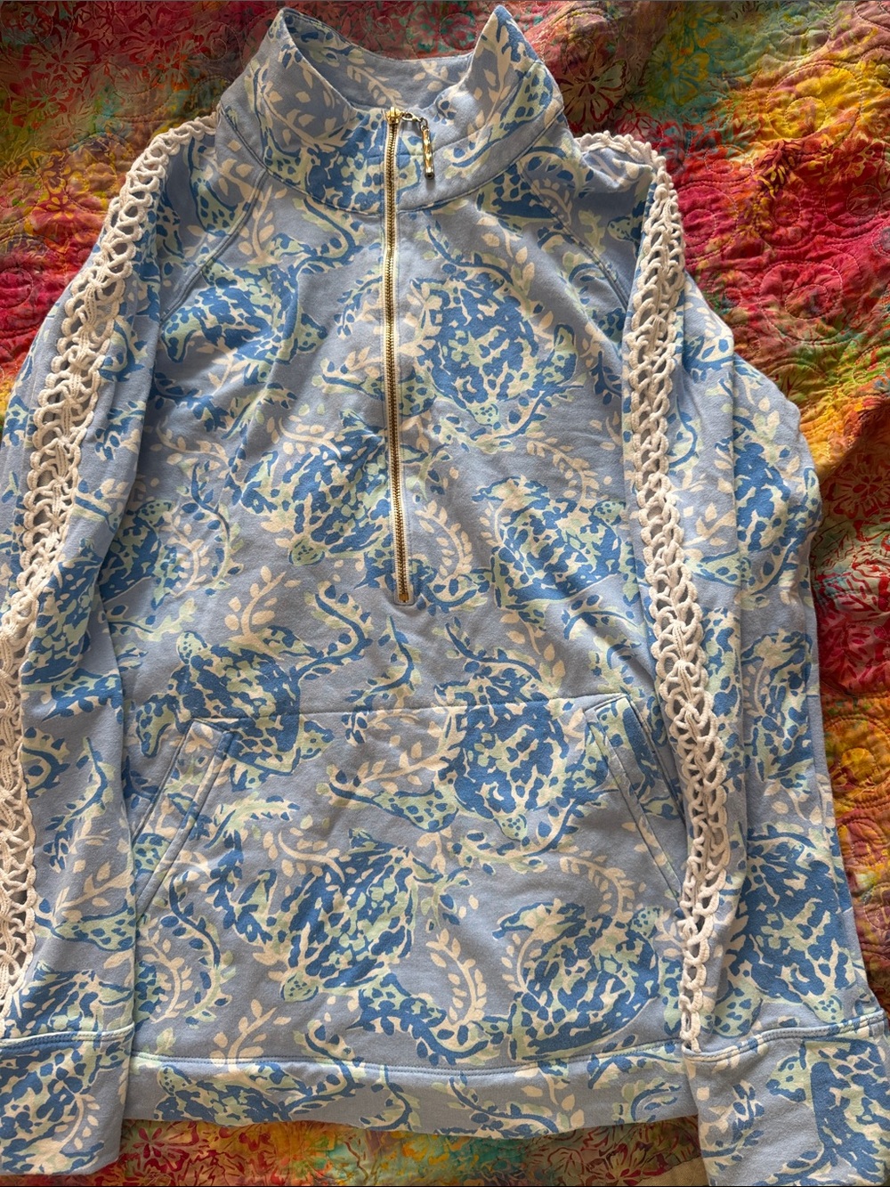 Lilly Pulitzer Blue and Cream Floral Half-Zip Hoodie with Crochet Trim